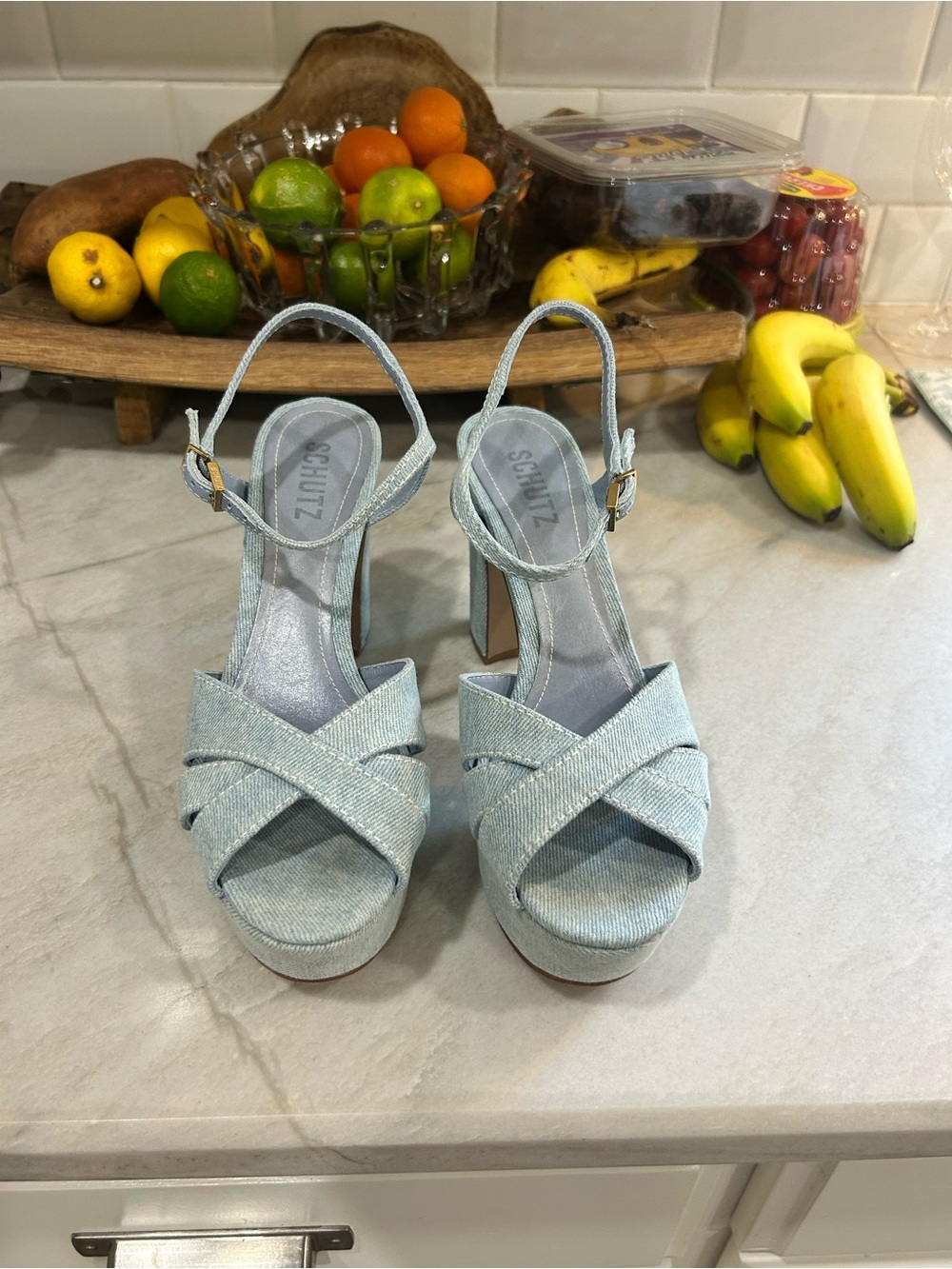 SCHUTZ Light Blue Denim Crisscross Platform Sandals